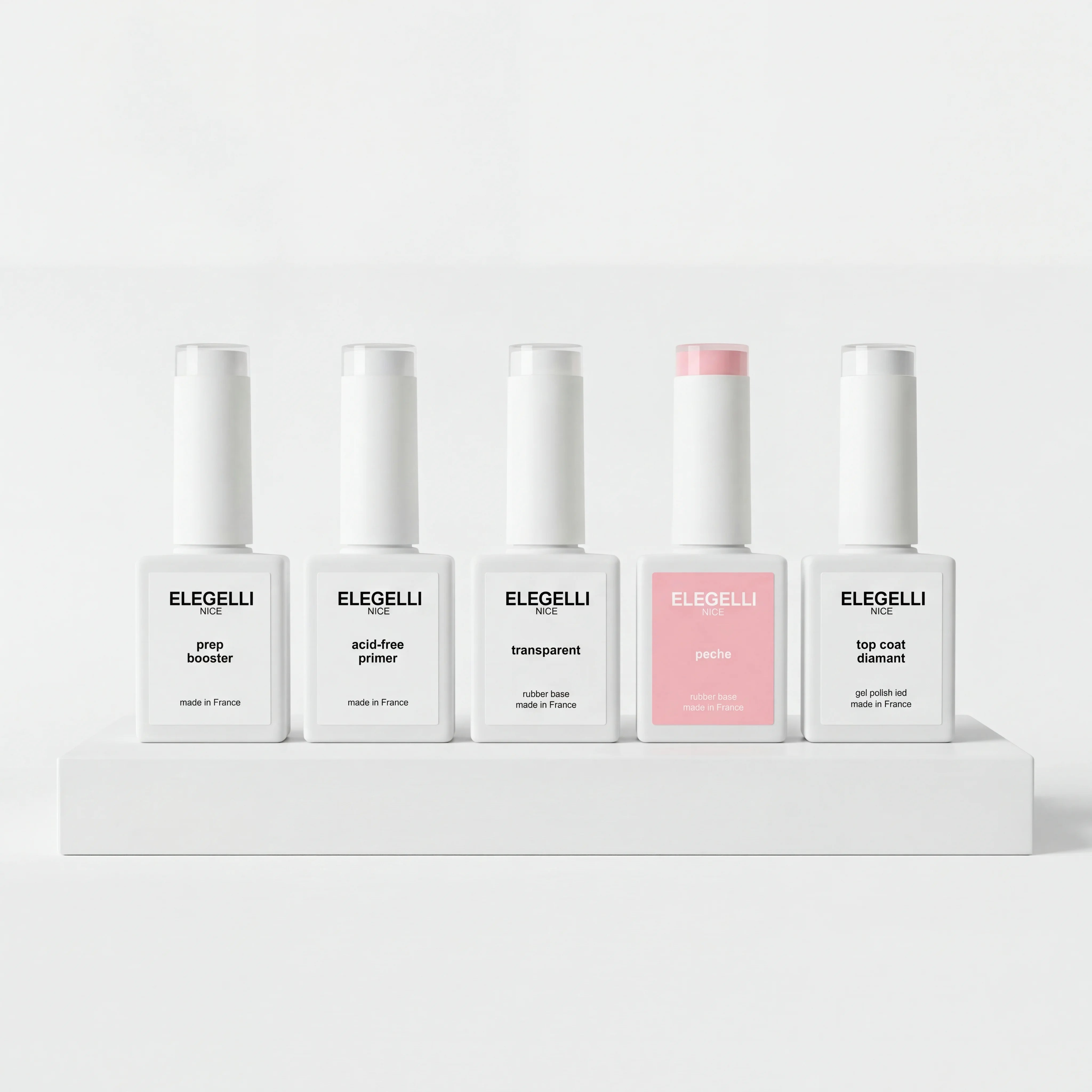 Set of ELEGELLI nail polish bottles on a white background