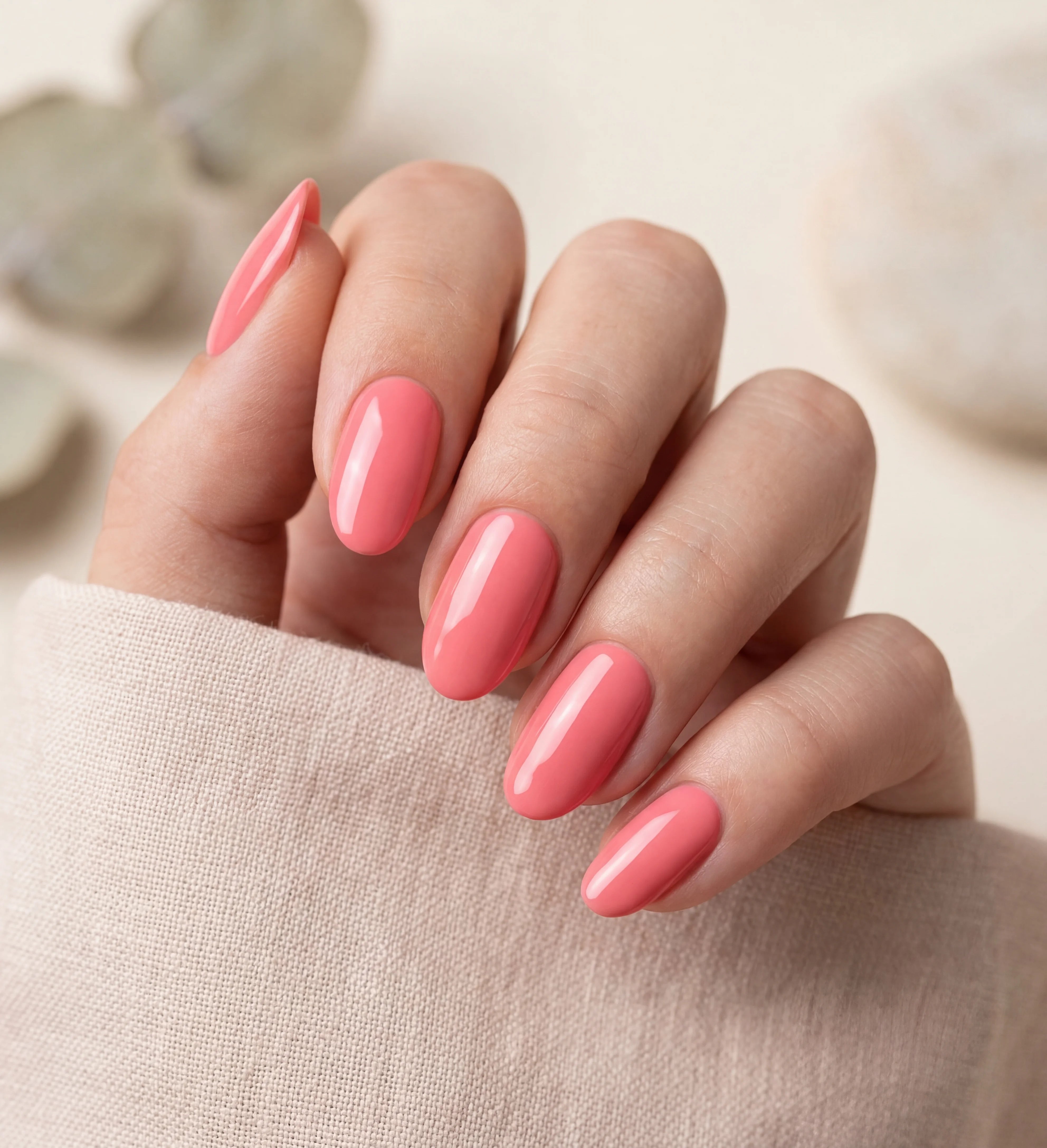 Hand with pink nail polish on a neutral background